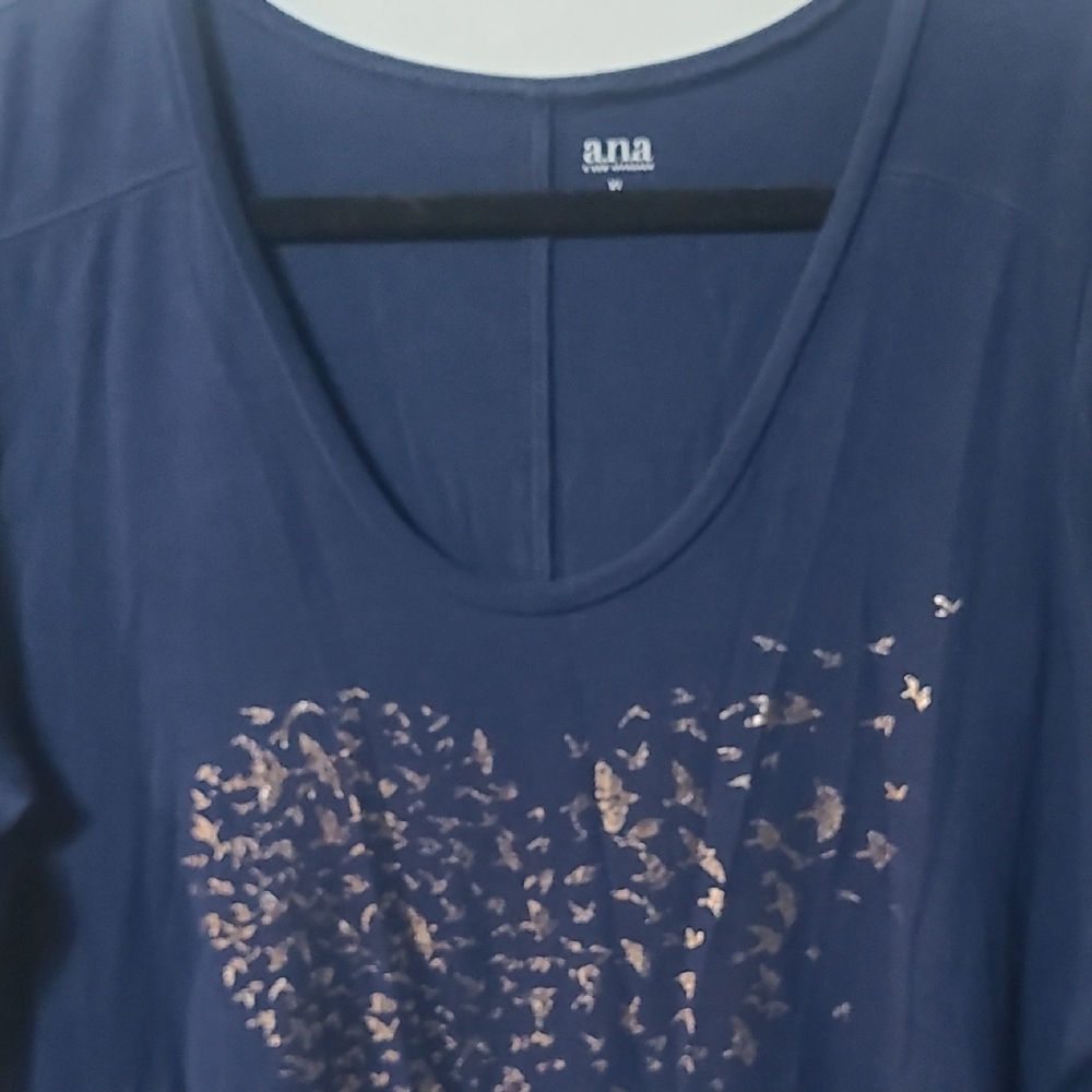 a.n.a Women's Dark Blue Tee with Metallic Heart Design